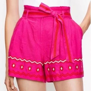 NWT LOFT High Waisted Paper Bag Belted Embroidered Boho Pink Linen Shorts L